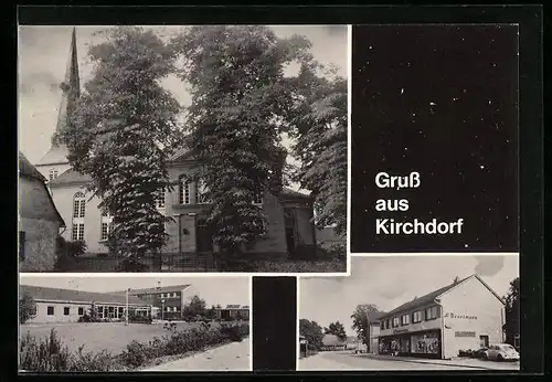 AK Kirchdorf /Sulingen, Gemischtwaren H. Beuermann, Kirche, Ortspartie