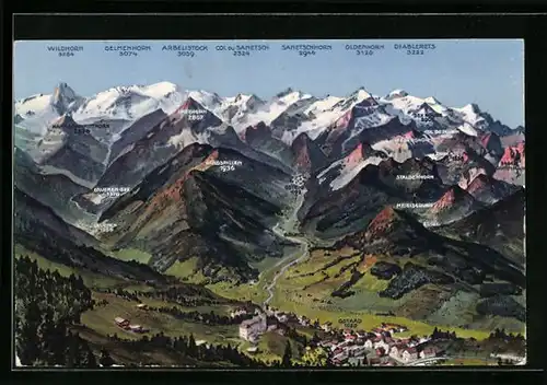 AK Gstaad-Gsteig, Teilansicht und Lauenental mit Oldenhorn, Grund und Wildhorn