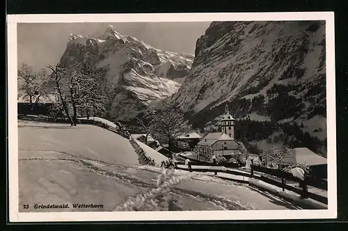 AK Grindelwald, Kirche und Wetterhorn im Schnee