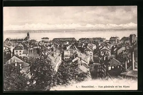 AK Neuchâtel, Vue générale et les Alpes