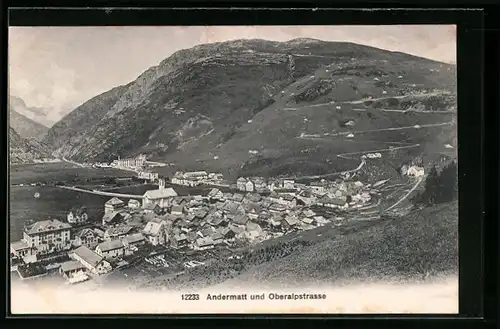 AK Andermatt, Gesamtansicht mit Oberalpstrasse