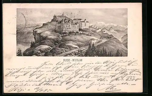 Vorläufer-Lithographie Rigi-Kulm, 1895, Totalansicht mit Hotels und Bergbahn