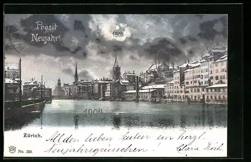 AK Zürich, Teilansicht bei Vollmond, Neujahrsgrüsse