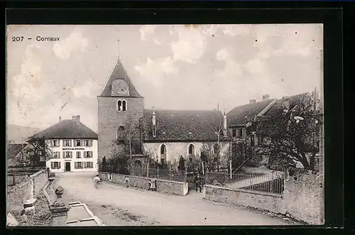 AK Cornaux, Strassenpartie an der Kirche