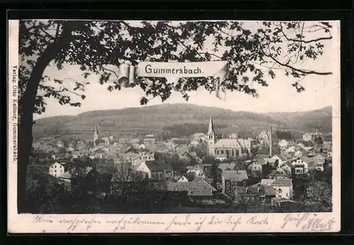 AK Gummersbach, Teilansicht mit Kirche und Baum