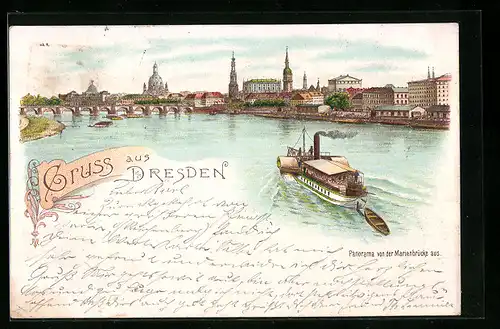 Lithographie Dresden, Panorama von der Marienbrücke aus, Elb-Dampfer