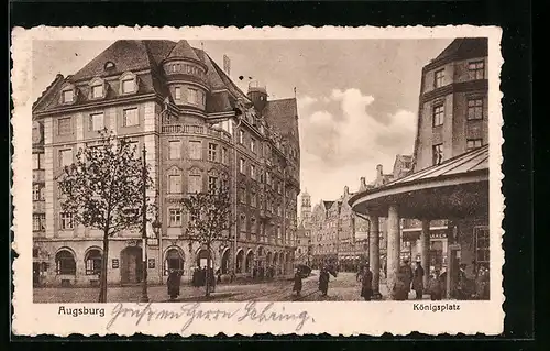 AK Augsburg, Königsplatz mit Gasthaus und Geschäften