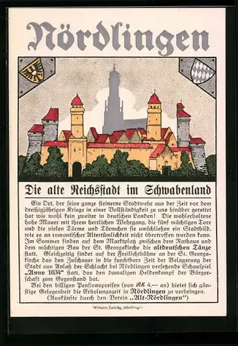 Steindruck-AK Nördlingen, Blick auf die alte Reichsstadt, Wappen