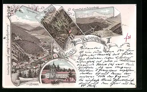 Lithographie Gutenstein, Gesamtansicht mit Umgebung und Bergblick, Maria Hilf, Klosterthal