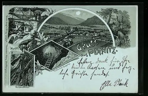 Lithographie Pernitz, Ortsansicht mit Steinwandklamm