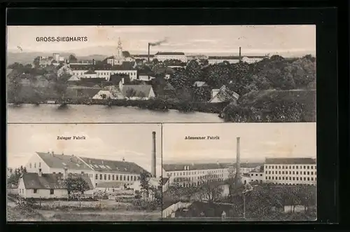 AK Gross-Siegharts, Zuleger- und Adensamer-Fabrik, Totalansicht mit Gewässer