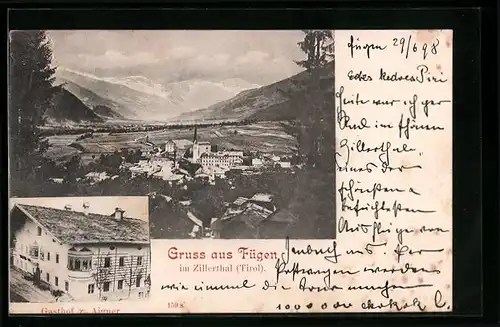 AK Fügen /Zillerthal, Gasthof zum Aigner, Gesamtansicht mit Umgebung und Bergblick
