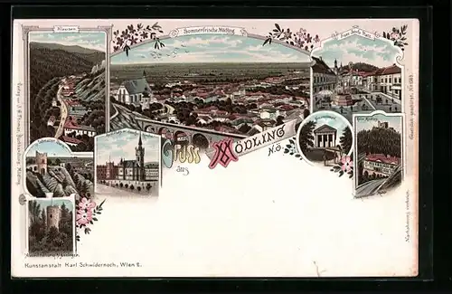 Lithographie Mödling, Klausen, Schwarzer Turm, Franz Josefs Platz, Husarentempel
