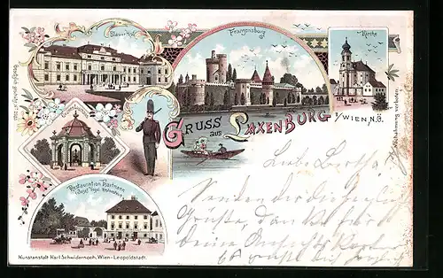 Lithographie Laxenburg, Franzensburg, Blauer Hof, Grünes Lusthaus