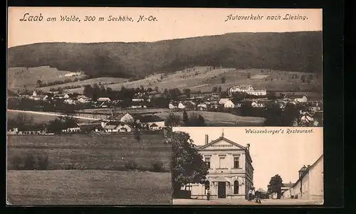 AK Laab am Walde, Weissenberger`s Restaurant, Teilansicht mit Autoverkehr nach Liesing