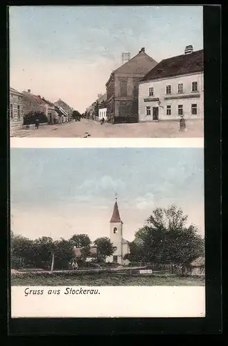 AK Stockerau, Strassenpartie und Ansicht mit Kirche