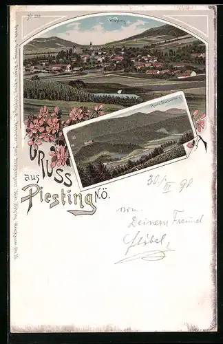 Lithographie Piesting, Ortsansicht mit Ruine Starhemberg