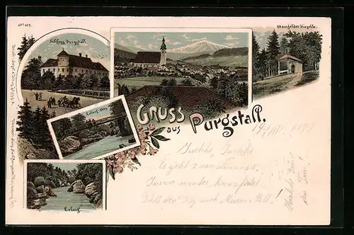 Lithographie Purgstall, Schloss Purgstall, Steinfelder Kapelle, Erlauf-Steg