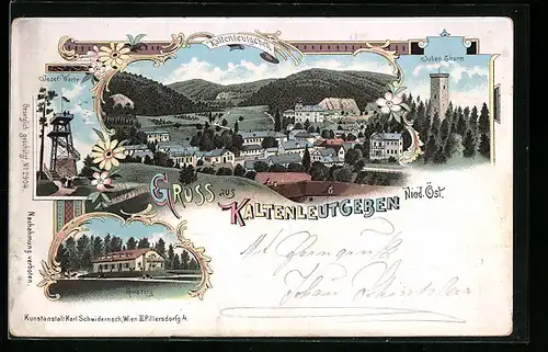 Lithographie Kaltenleutgeben, Gasthaus Gaisberg, Josef-Warte, Julien Thurm