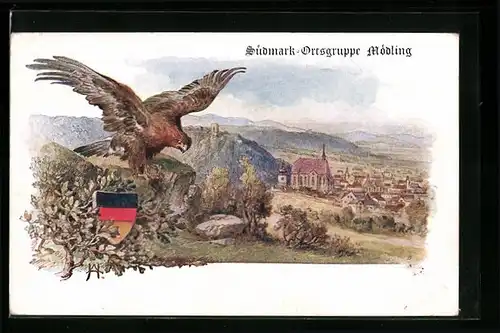 Künstler-AK Mödling, Südmark-Ortsgruppe, Adler auf einer Anhöhe bei der Stadt