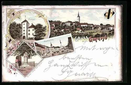 Lithographie Gmünd, Schloss, Stadtplatz, Kaiser Josef-Denkmal