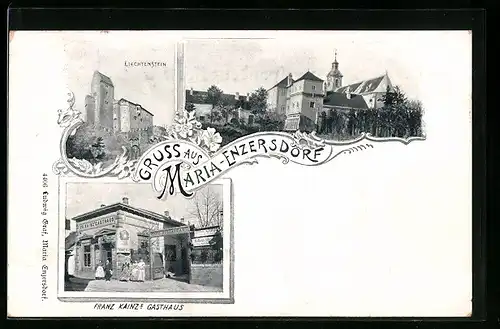Passepartout-AK Maria-Enzersdorf, Gasthaus Franz Kainz, Ortspartie, Burg Liechtenstein