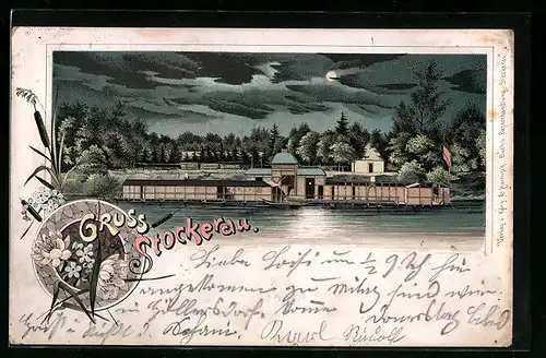 Mondschein-Lithographie Stockerau, Langes Gebäude am Wasser, Blumen