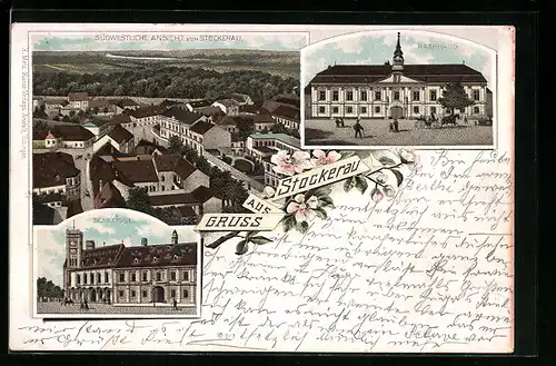 Lithographie Stockerau, Schlössl, Rathaus, Südwestliche Ortsansicht