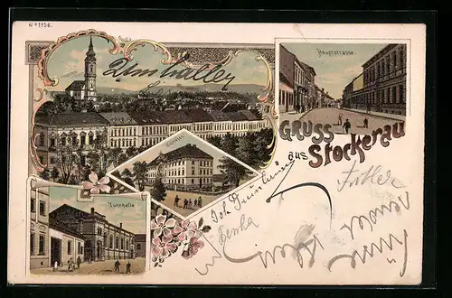 Lithographie Stockerau, Turnhalle, Hauptstrasse, Convict