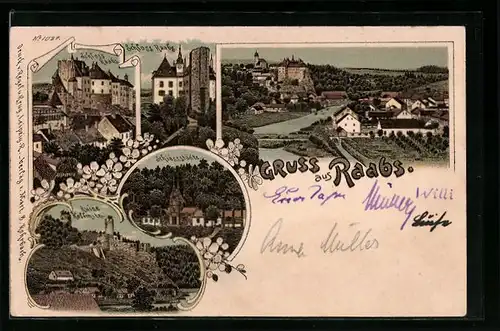Lithographie Raabs, Schiessstätte, Ruine Rubnitz, Schloss