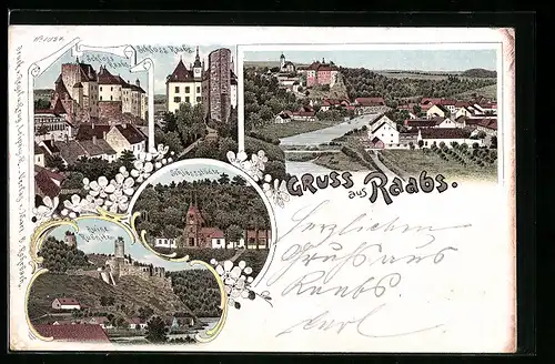 Lithographie Raabs, Schiessstätte, Ruine Rubnitz, Schloss