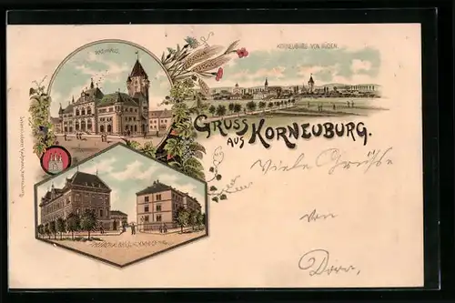 Lithographie Korneuburg, Teilansicht von Süden, F. M. Erzh. Albrecht-Kaserne, Rathaus