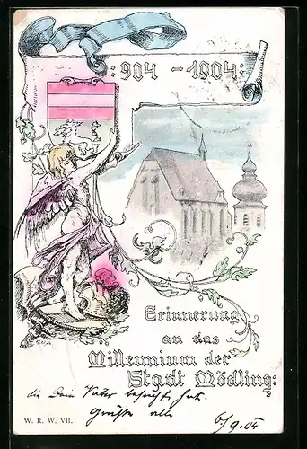 Künstler-AK Mödling, Erinnerung a. d. Millennium 904-1904, Engel mit Wappen
