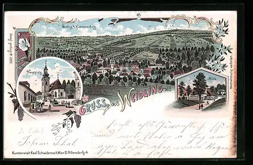 Lithographie Weidling b. Klosterneuburg, Teilansicht, Hauptplatz, Mühle