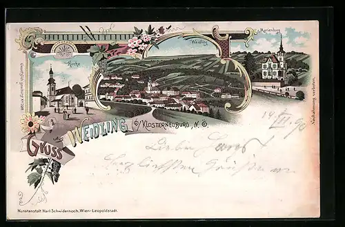 Lithographie Weidling b. Klosterneuburg, Teilansicht, Marienburg, Kirche