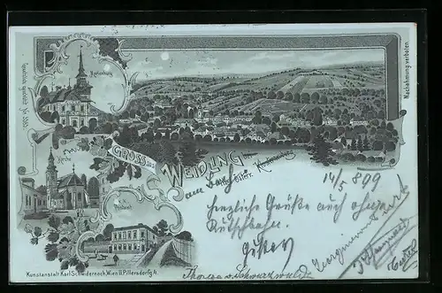 Mondschein-Lithographie Weidling b. Klosterneuburg, K. K. Postamt, Marienburg, Kirche