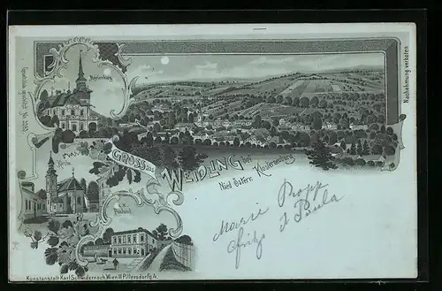 Mondschein-Lithographie Weidling bei Klosterneuburg, Teilansicht, K. K. Postamt, Kirche