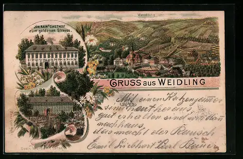 Lithographie Weidling, Joh. Rain`s Gasthof zum goldenen Strauss, Garten, Teilansicht