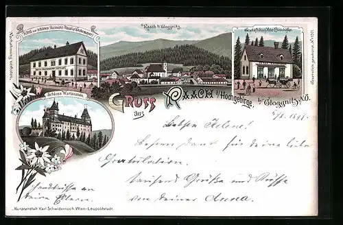Lithographie Raach b. Gloggnitz, Hotel zur schönen Aussicht, Geschäftshaus Peter Ehrenhöfer, Schloss Wartenstein