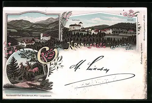 Lithographie Kranichberg bei Gloggnitz, Schloss und Schule