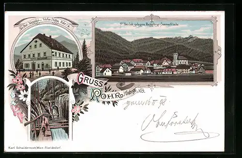 Lithographie Rohr i. Gebirge, K. k. Post-, Telegrafen- und Telefon-Station, Ortsansicht