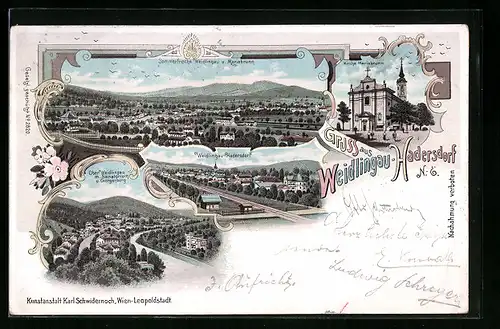 Lithographie Weidlingau-Hadersdorf /N.-Ö., Teilansicht mit Mariabrunn, Ober Weidlingau mit Sanatorium und Georgenberg