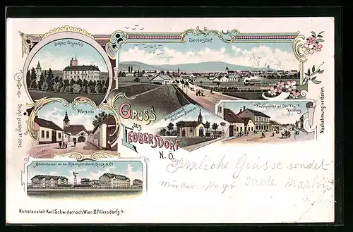 Lithographie Leobersdorf, Hauptstrasse mit Carl Vitals Handlung, Pfarrkirche, Schloss Enzesfeld