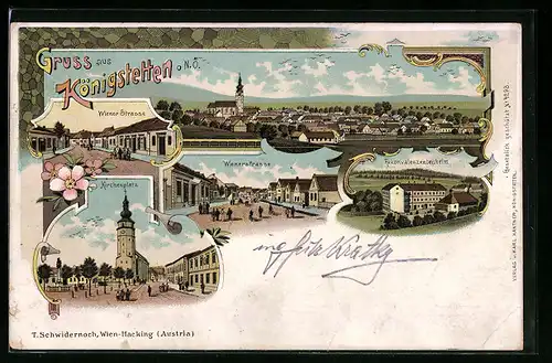 Lithographie Königstetten, Wiener Strasse, Rekonvaleszentenheim, Kirchenplatz