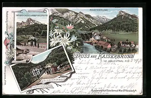 Lithographie Kaiserbrunn im Höllenthal, Panorama, Wasserschloss d. Wiener Wasserleitg., Brücke