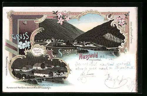 Lithographie Singerin-Nasswald, Gasthof zur Singerin, Teilansicht