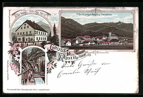 Lithographie Rohr i. Gebirge, Teilansicht, K. k. Post-, Telegrafen- und Telefon-Station, Ortspartie