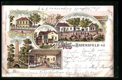 Lithographie Hadersfeld, Alois Aigners Gasthaus, Schule, Obelisk