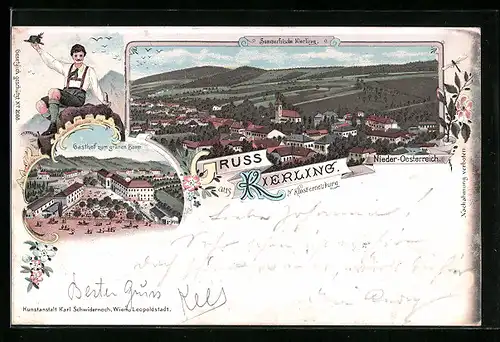 Lithographie Kierling b. Klosterneuburg, Gasthof zum grünen Baum, Teilansicht