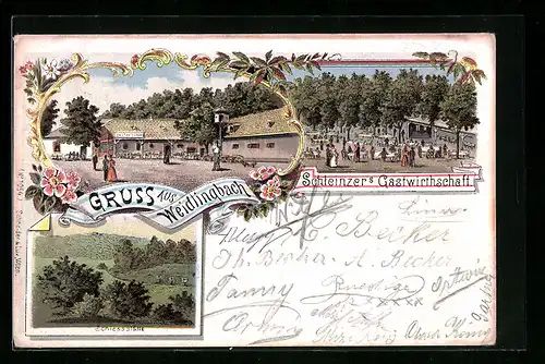 Lithographie Weidlingbach, Schleinzers Gastwirtschaft, Schiessstätte